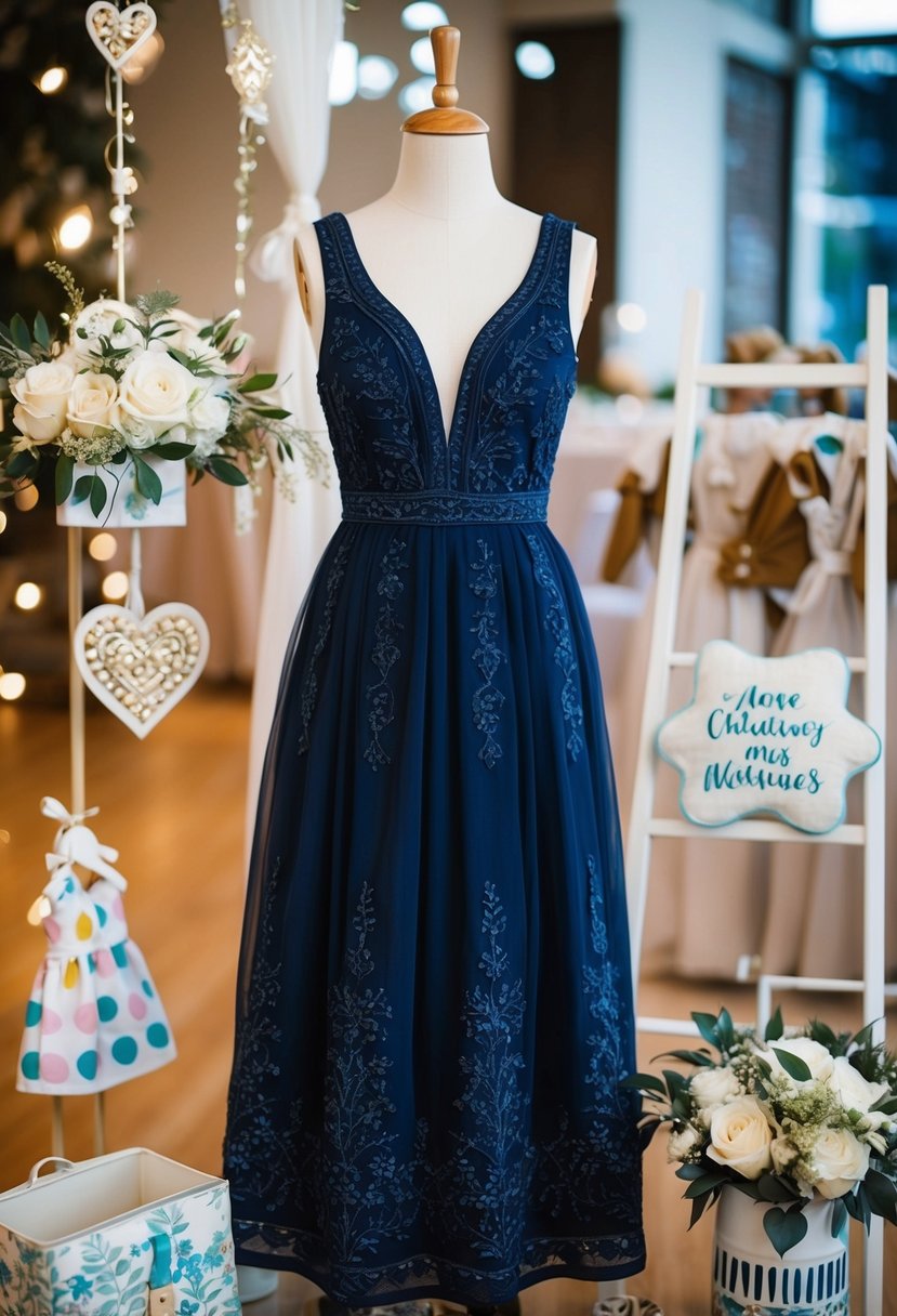 A navy blue embroidered dress displayed on a mannequin, surrounded by wedding-themed decor and children's accessories