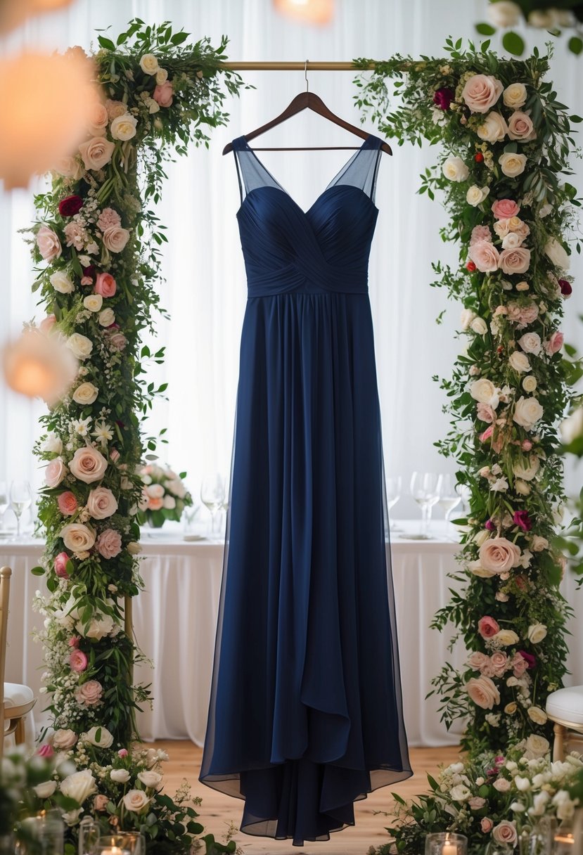 An elegant navy blue bridesmaid dress hanging on a hanger, surrounded by floral arrangements and wedding decor