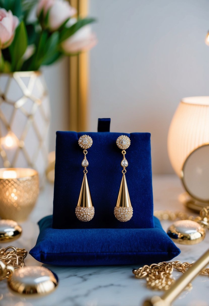 A luxurious pair of gold drop earrings displayed on a velvet cushion, surrounded by soft lighting and elegant decor