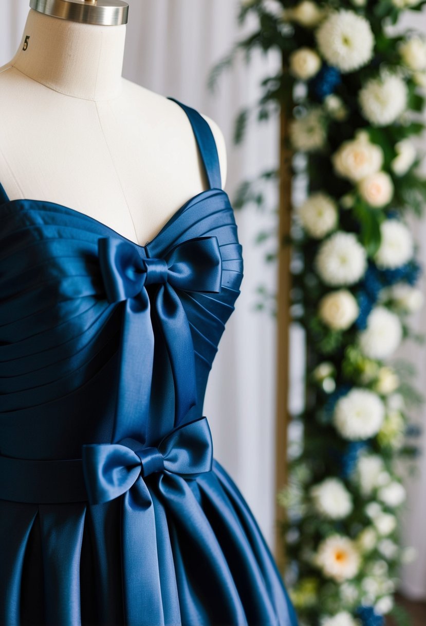 A navy taffeta dress adorned with bows, set against a backdrop of wedding decor and flowers