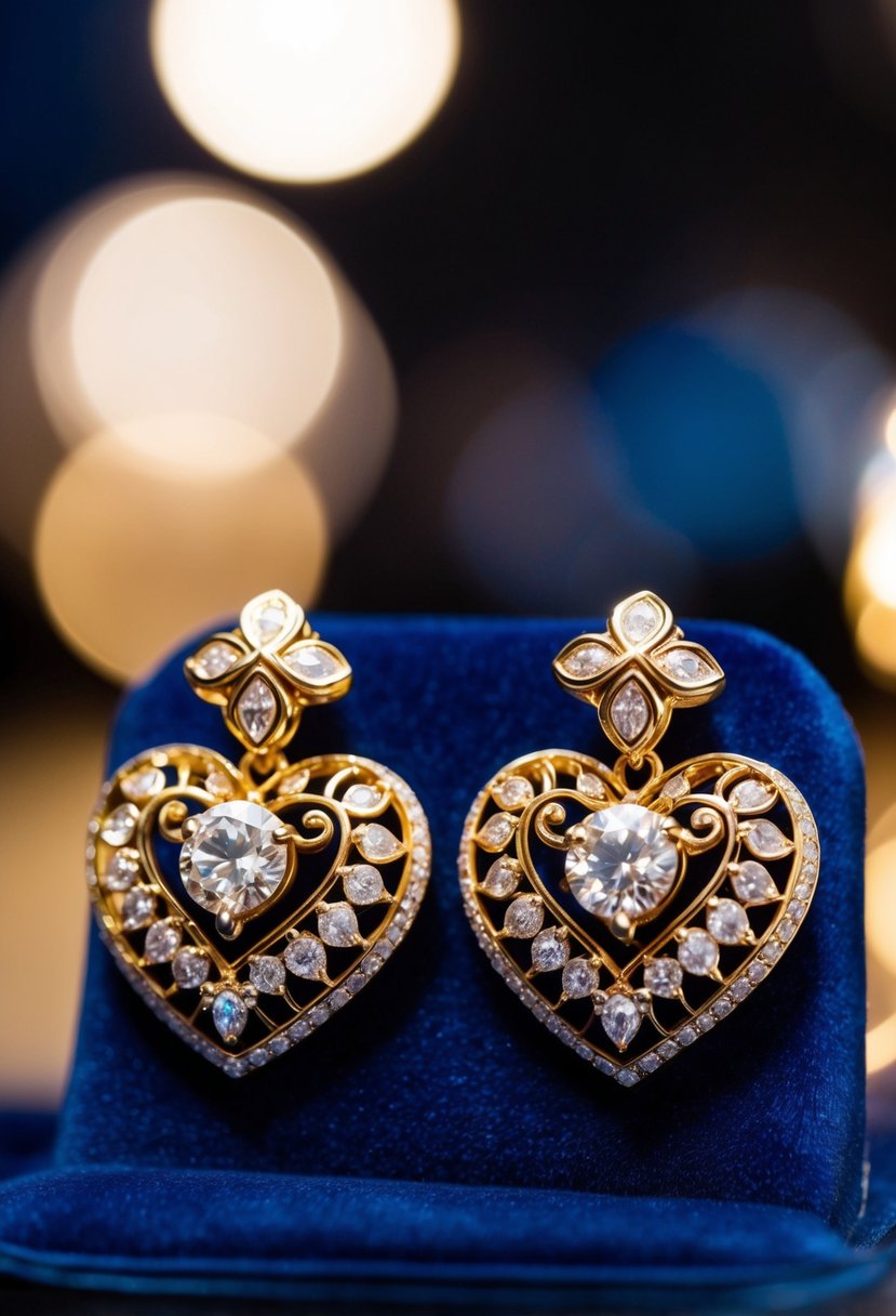 A pair of heart-shaped earrings made of gold, with intricate designs and sparkling gemstones, displayed on a velvet cushion