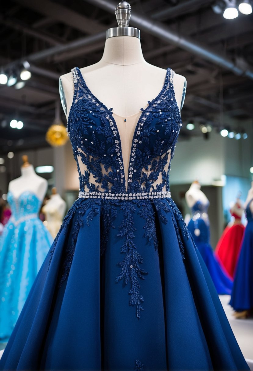 A navy blue pageant dress displayed on a mannequin, adorned with delicate lace and sparkling embellishments