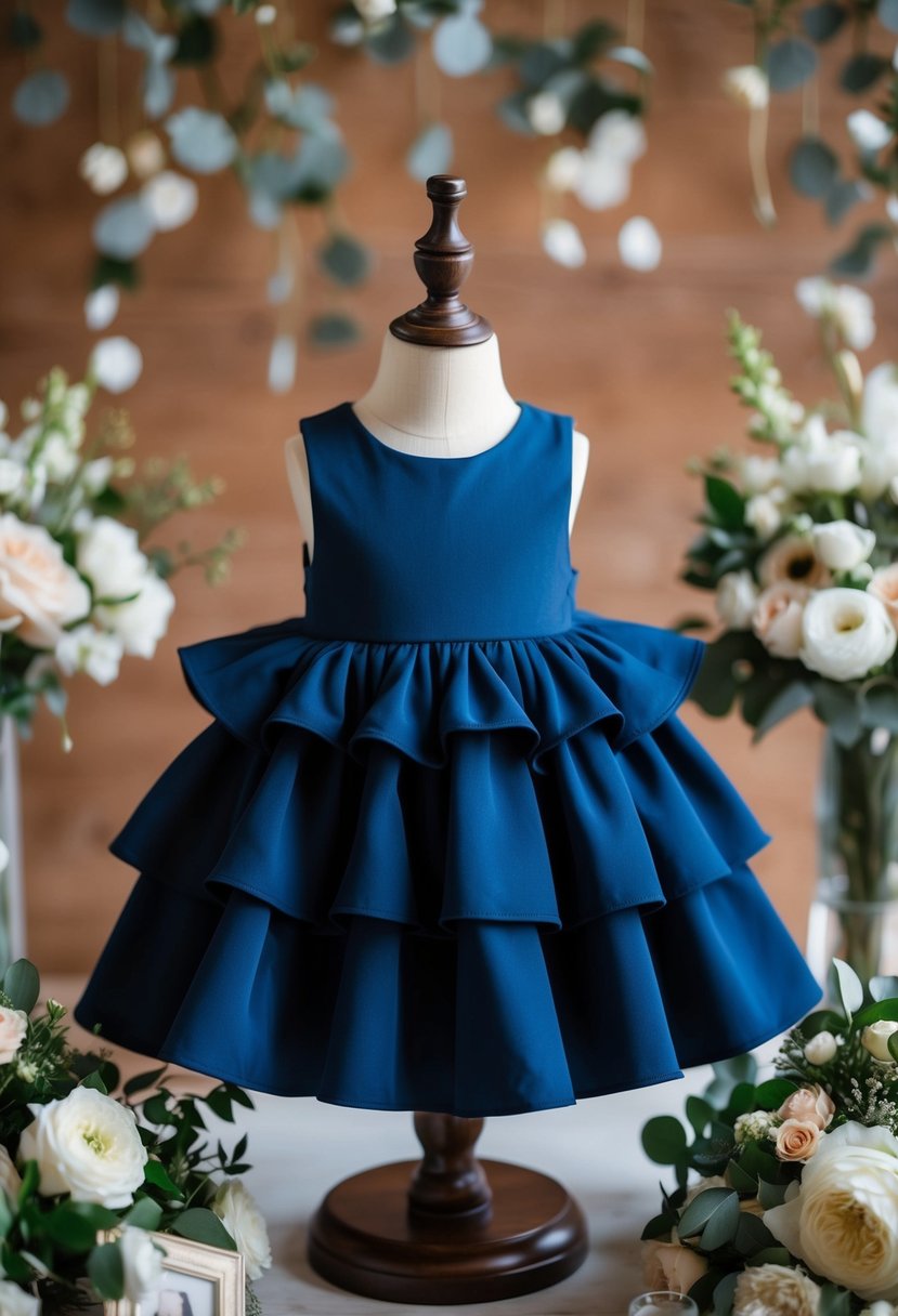 A navy blue ruffled hem dress on a child mannequin, surrounded by wedding decor and flowers