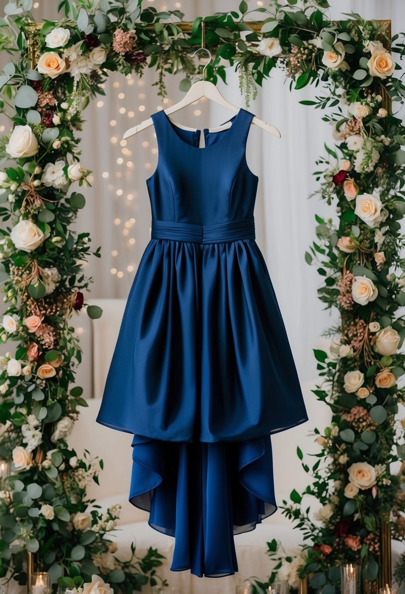 A navy blue junior bridesmaid dress hanging on a hanger, surrounded by floral arrangements and wedding decor