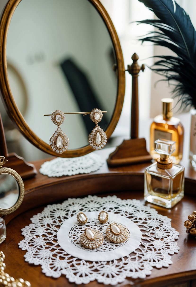 A vintage vanity table with 1920s wedding earrings displayed on a lace doily, surrounded by a mirror, perfume bottles, and a feathered headband