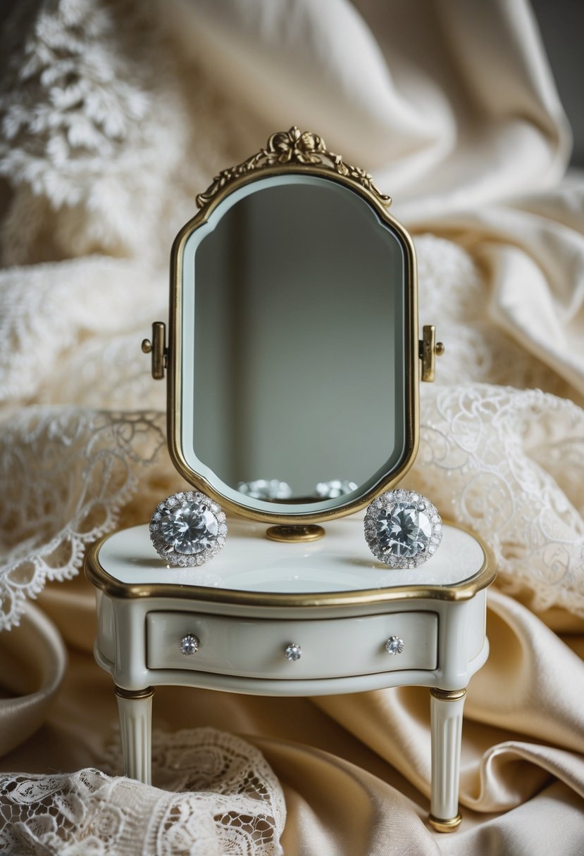 A vintage vanity table with a mirror, showcasing a pair of sparkling diamond studs, surrounded by delicate lace and silk fabric