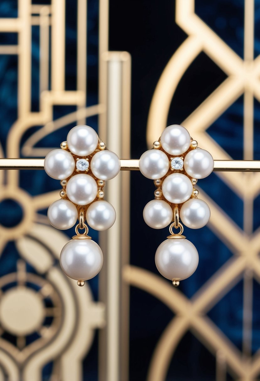 A close-up of pearl cluster drop earrings against a backdrop of art deco patterns and 1920s glamor