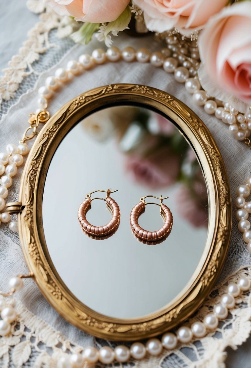 A vintage vanity table with a mirror reflecting a pair of rose gold hoop earrings, surrounded by delicate lace and pearls