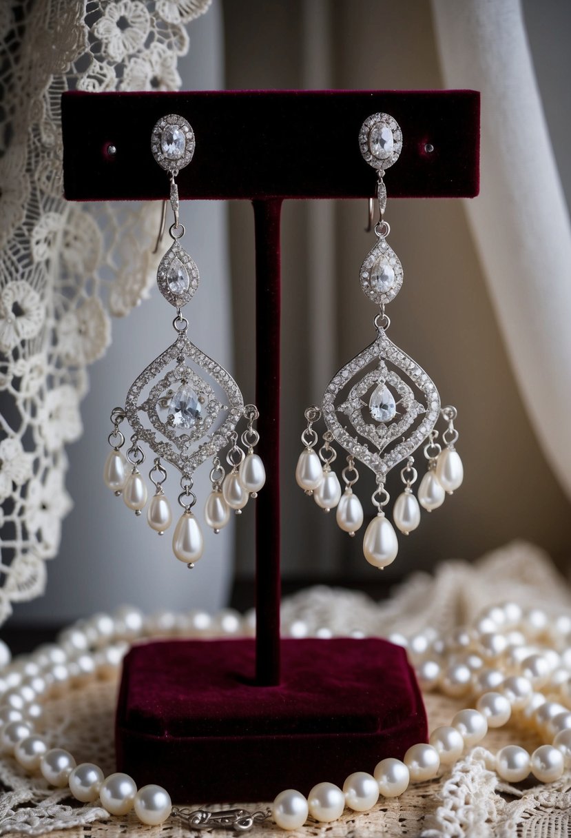 A pair of chandelier earrings hangs from a velvet display, surrounded by vintage lace and pearls