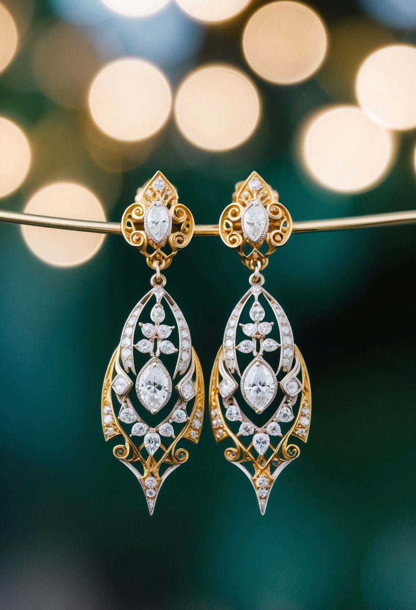 A pair of yellow gold and diamond-studded 1920s wedding earrings, featuring intricate art deco designs and elegant filigree details