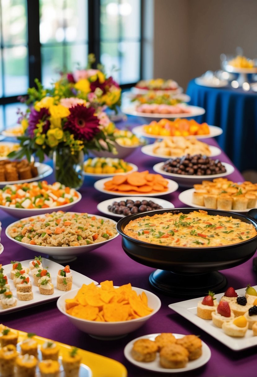 A colorful buffet table with an array of affordable appetizers, finger foods, and desserts. Simple yet elegant table settings and floral centerpieces complete the scene