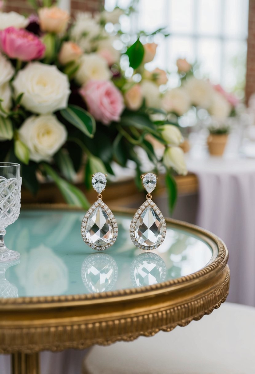 A vintage table adorned with crystal pear drop earrings, surrounded by 1920s wedding decor and floral arrangements