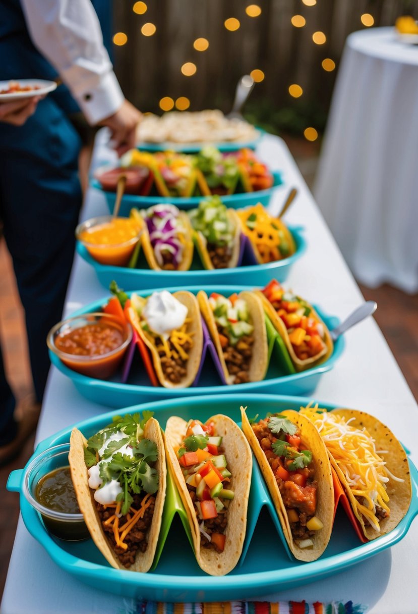 A colorful and festive taco bar with an array of toppings and salsas, set up on a budget-friendly table at a wedding reception