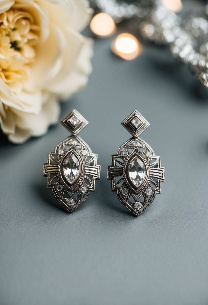 A glamorous 1920s-inspired wedding earring design featuring oversized studs and intricate art deco details