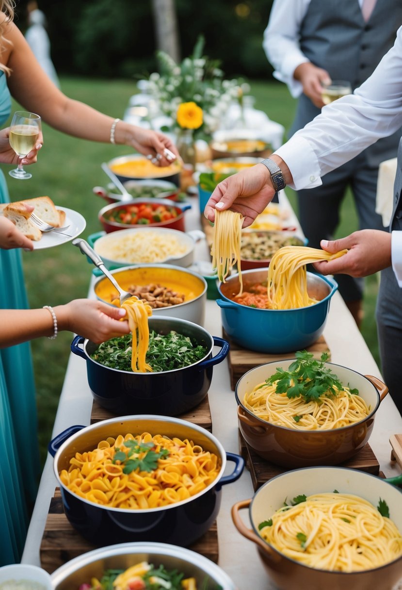 A colorful pasta station with a variety of sauces, toppings, and fresh herbs. Guests serve themselves from large pots and platters at a rustic outdoor wedding reception