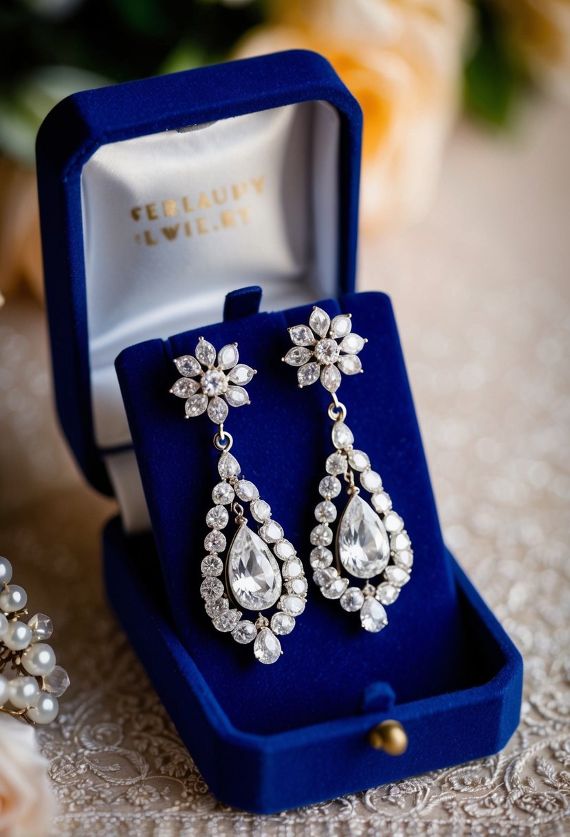 A pair of ornate, sparkling drop earrings dangle from a velvet jewelry box, evoking the glamour of a 1920s wedding