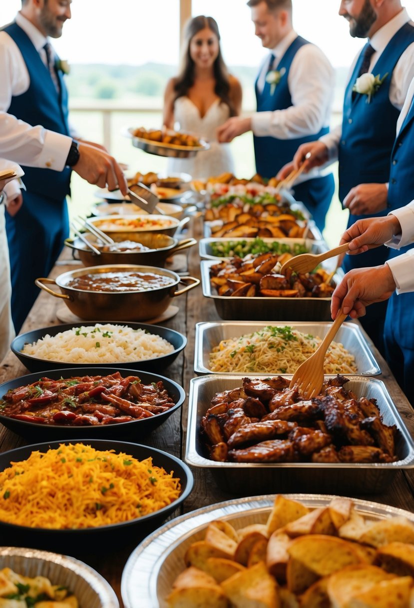 A colorful array of BBQ dishes and sides spread out on rustic wooden tables at a wedding reception. Guests help themselves to the budget-friendly buffet