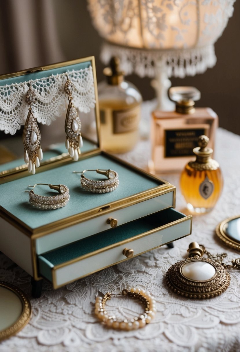 A vintage vanity table displays 1920s-inspired handmade wedding earrings, surrounded by delicate lace and antique perfume bottles