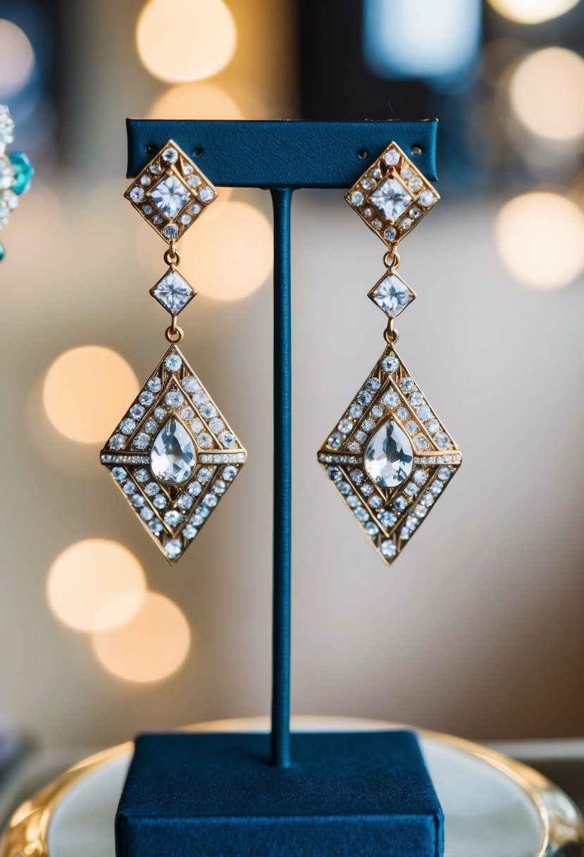 A pair of rhinestone dangle earrings from the 1920s, featuring intricate geometric patterns and sparkling gemstones, hanging from a display stand