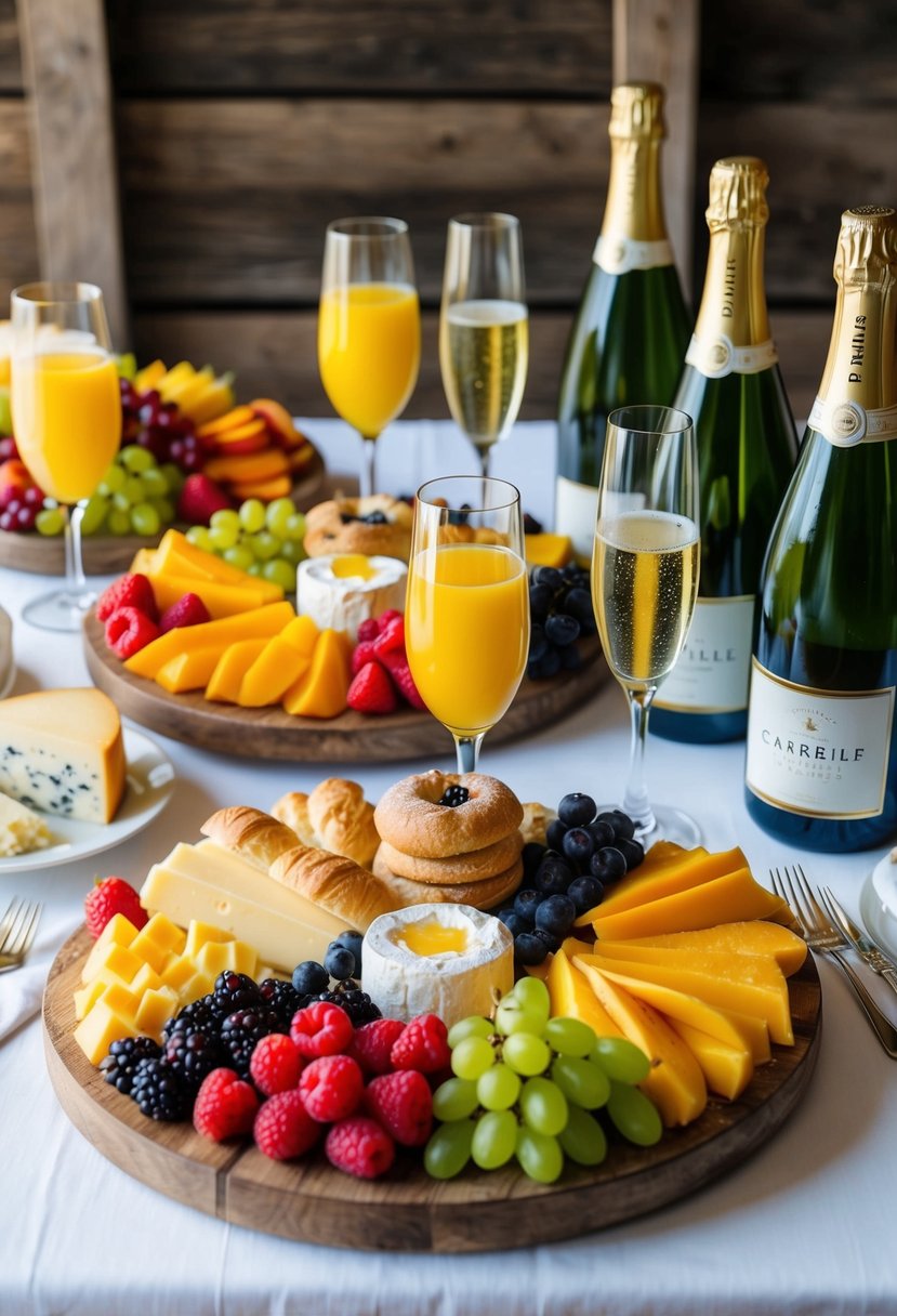 A colorful array of fresh fruit, pastries, and assorted cheeses arranged on rustic wooden serving platters, accompanied by carafes of juice and champagne