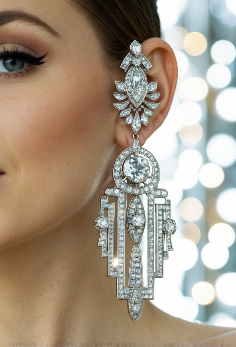 A glamorous 1920s wedding earring design featuring intricate art deco patterns and shimmering gemstones