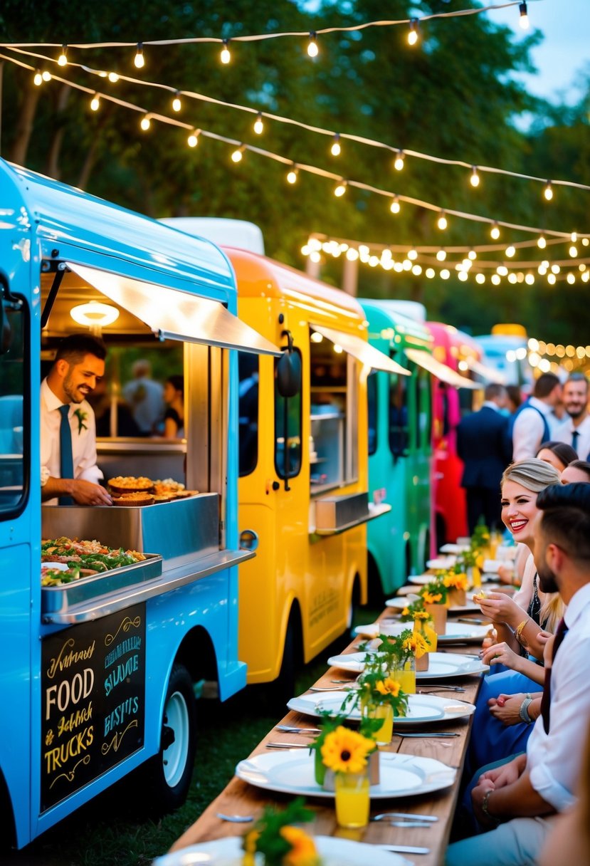 A row of colorful food trucks serving delicious dishes at a lively wedding reception, with twinkling lights and happy guests enjoying the budget-friendly feast