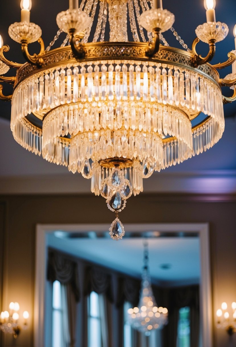 A grand chandelier illuminates a 1920s wedding scene, casting a warm glow on elegant earring designs