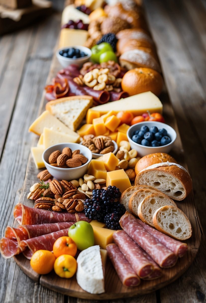 A rustic wooden table adorned with an assortment of cured meats, cheeses, fruits, nuts, and bread, arranged in an artful and inviting display