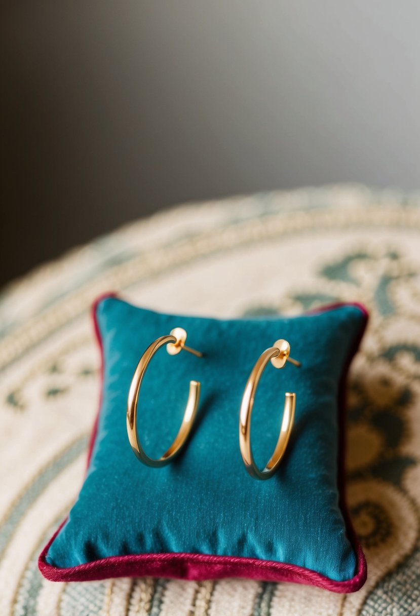 A pair of minimalist gold hoop earrings, inspired by 1920s fashion, displayed on a vintage velvet cushion