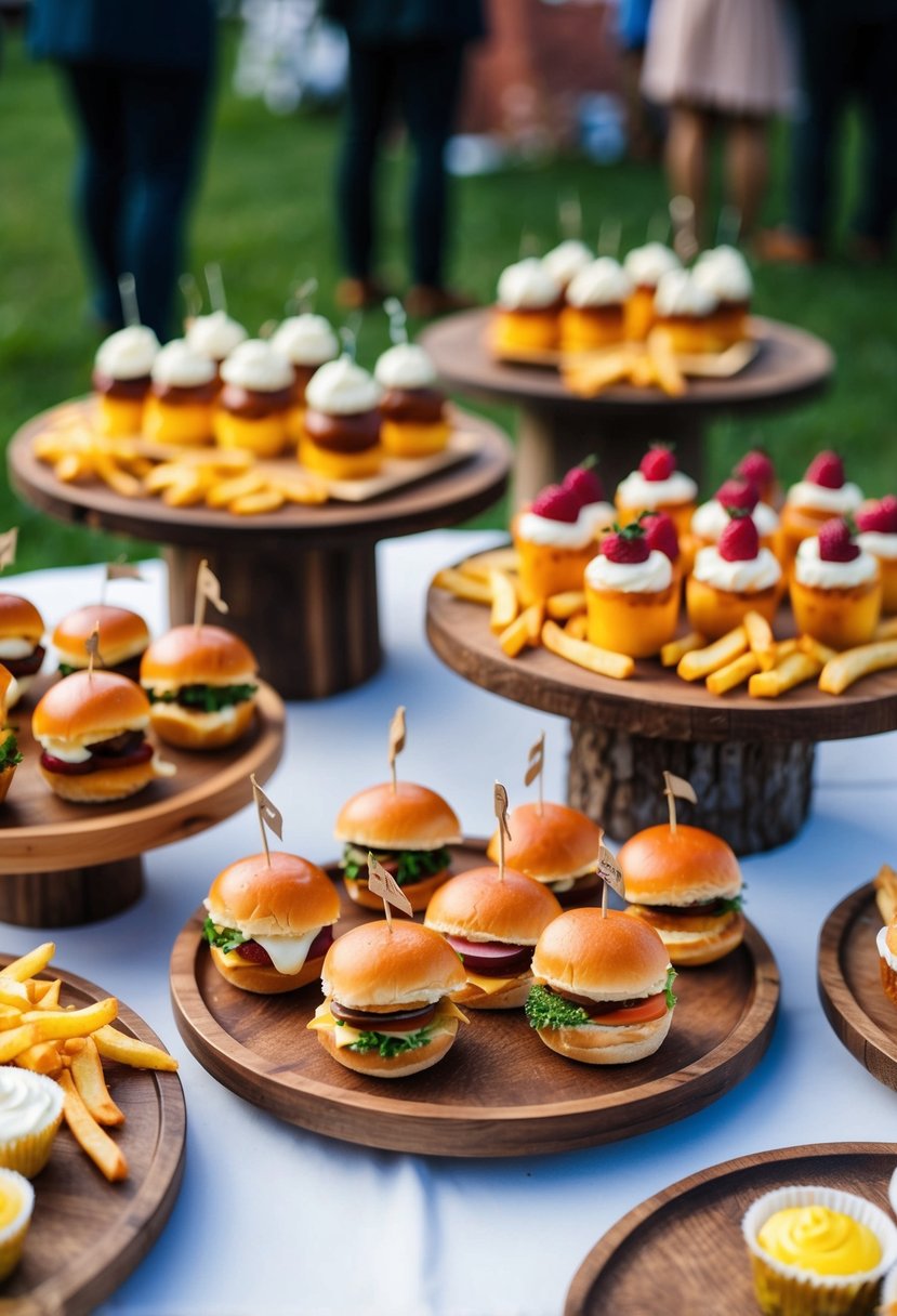 A colorful array of gourmet sliders, fries, and mini desserts displayed on rustic wooden platters at an outdoor wedding reception