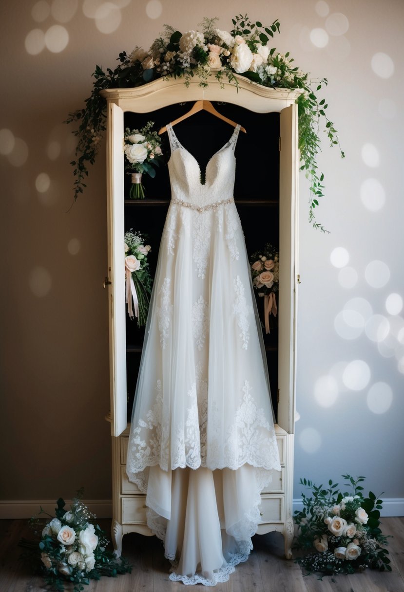 A flowing, lace-trimmed wedding gown hangs from a vintage armoire, surrounded by delicate floral bouquets and sparkling jewelry