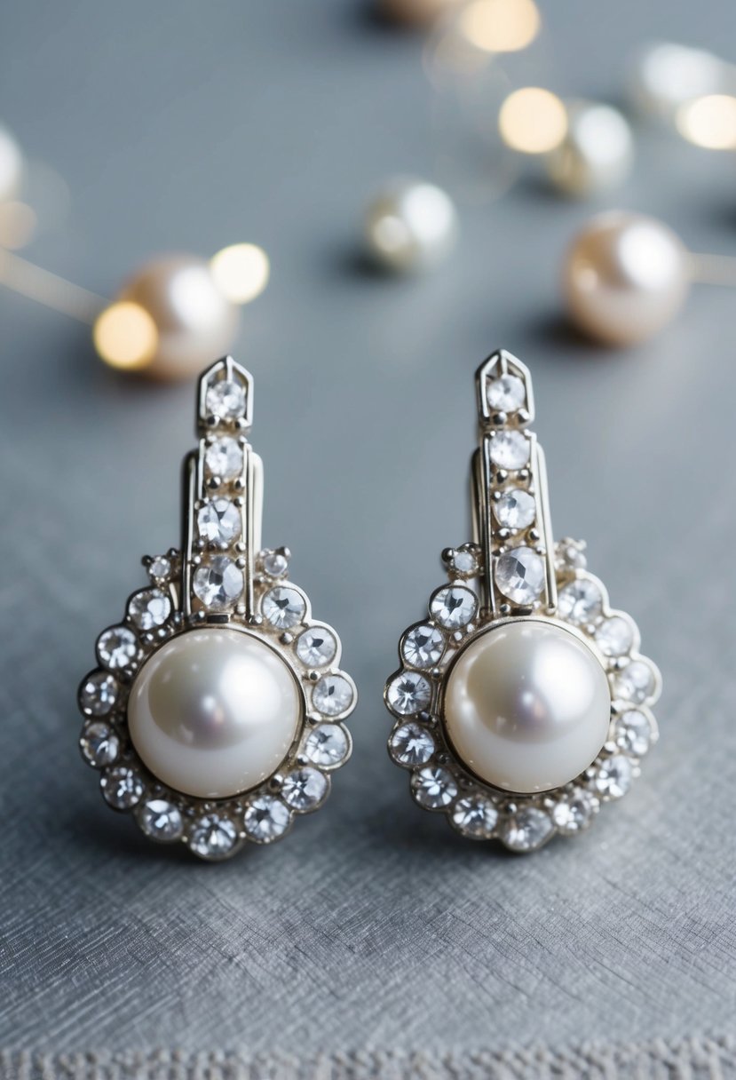 A pair of elegant 1920s wedding earrings featuring a combination of pearls and crystals, with intricate art deco design