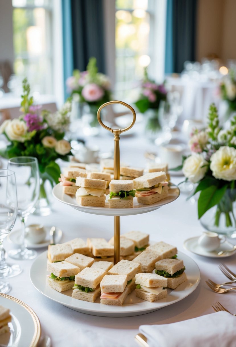 A table set with an assortment of delicate finger sandwiches, arranged on tiered platters, surrounded by elegant floral centerpieces