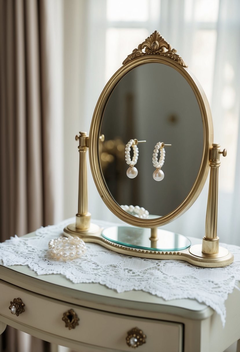 A vintage vanity table with delicate lace and a mirror reflecting a pair of timeless pearl earrings