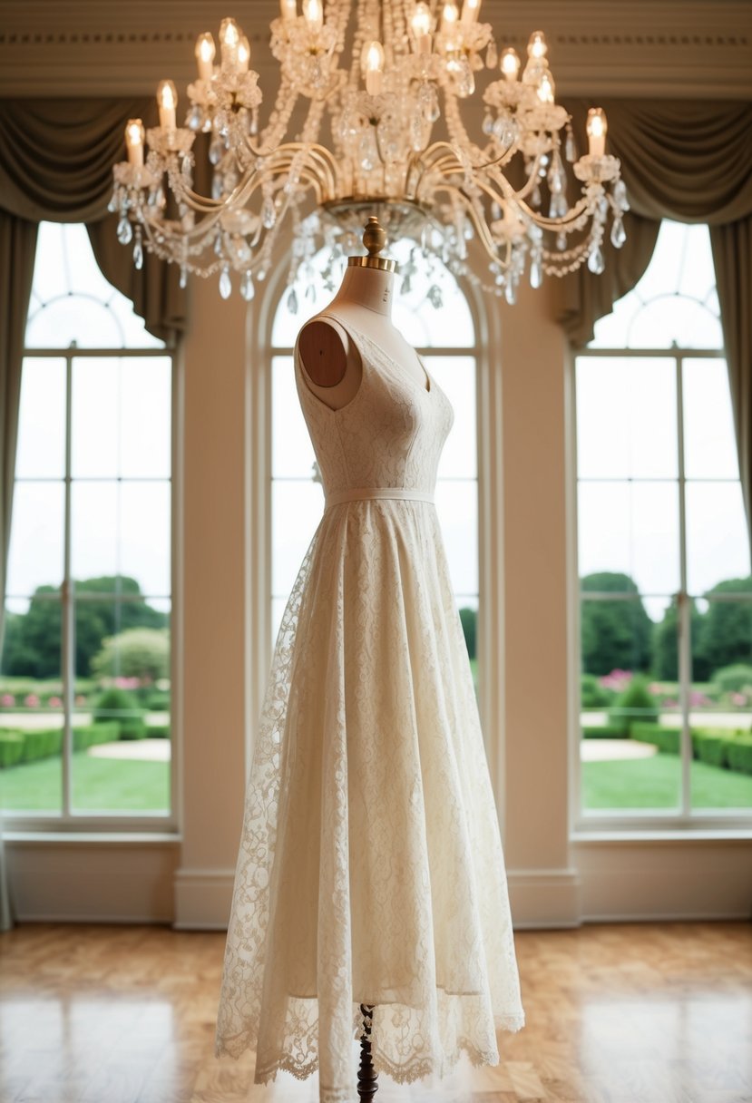 A mannequin wearing a chic A-line lace dress in a grand ballroom with ornate chandeliers and large windows overlooking a garden