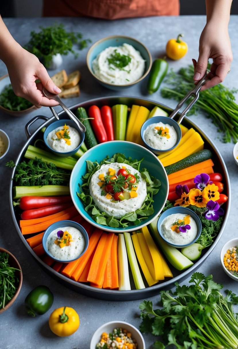 A colorful array of fresh vegetables arranged on a large serving tray, surrounded by small bowls of dip and garnished with herbs and edible flowers