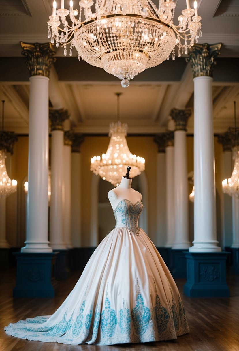 A grand ballroom setting with a chandelier, ornate pillars, and a vintage-inspired ballgown on a mannequin