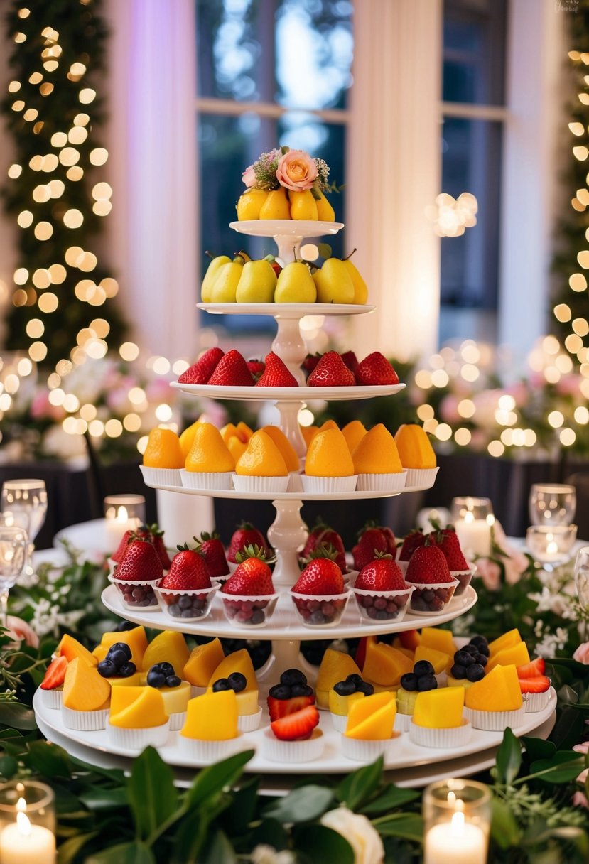 A table adorned with assorted fruit cups arranged in an elegant display, surrounded by twinkling lights and floral centerpieces