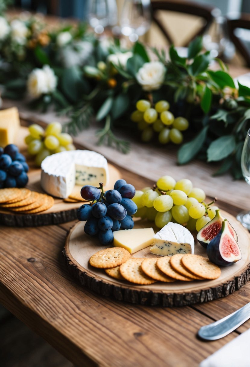 A rustic wooden table adorned with an assortment of cheese and crackers, accompanied by fresh grapes and figs. A simple yet elegant display for a budget-friendly wedding reception