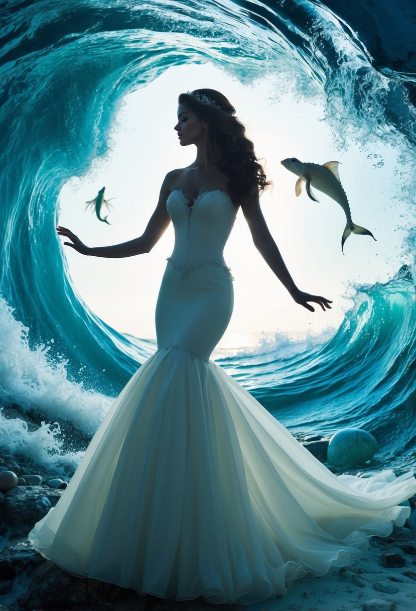 A graceful mermaid silhouette in a flowing wedding gown, surrounded by swirling ocean waves and delicate sea creatures