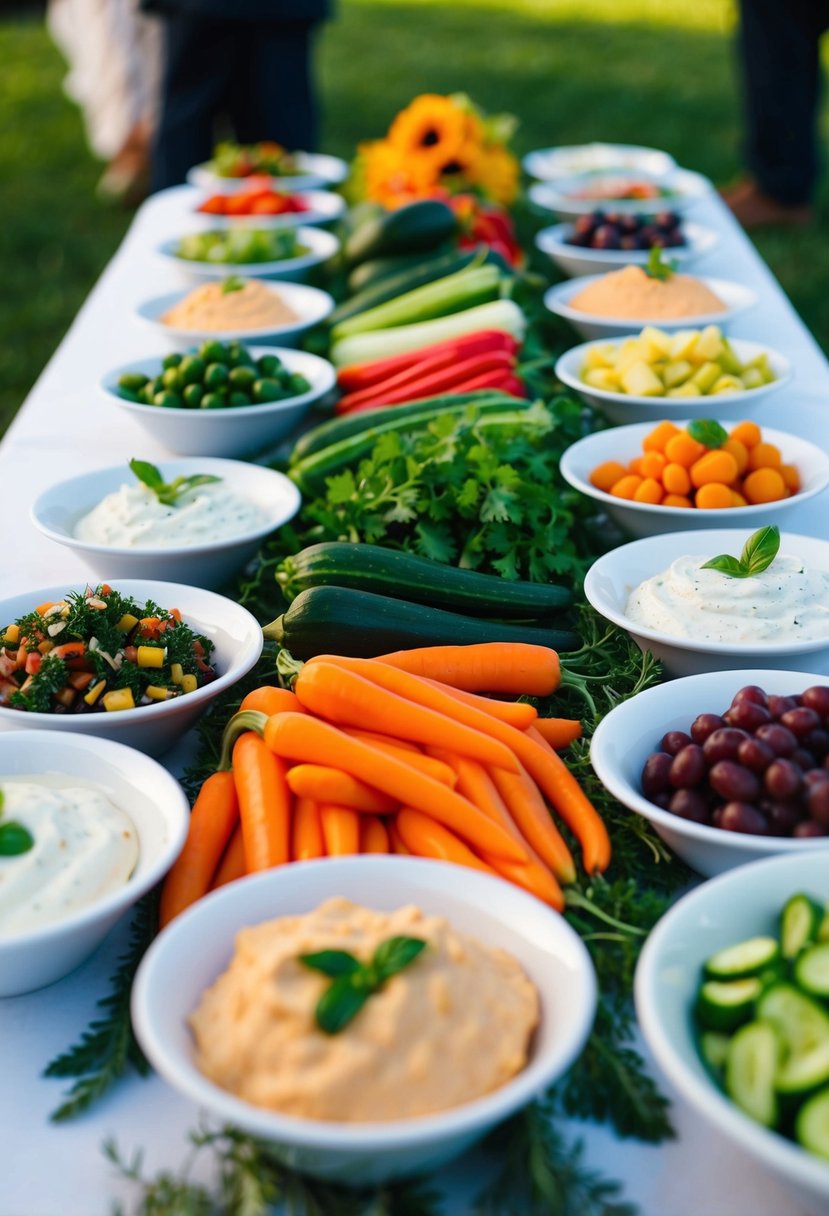 A table set with an assortment of colorful vegetables and a variety of dips, arranged neatly for a wedding reception on a budget