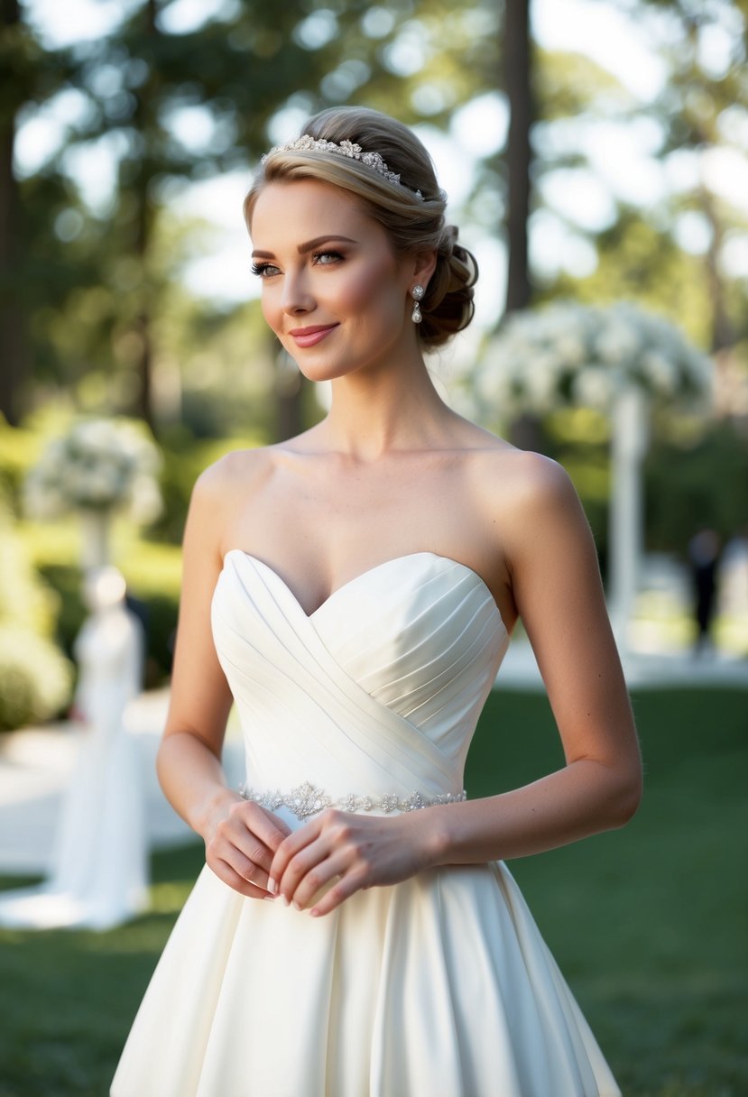 A bride stands in a classic, timeless wedding dress with a sweetheart neckline, exuding elegance and grace