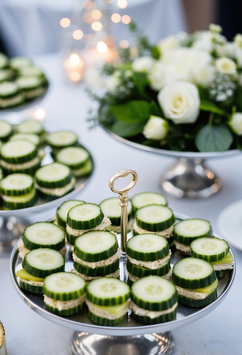 A platter of cucumber party sandwiches arranged on a budget-friendly wedding reception buffet