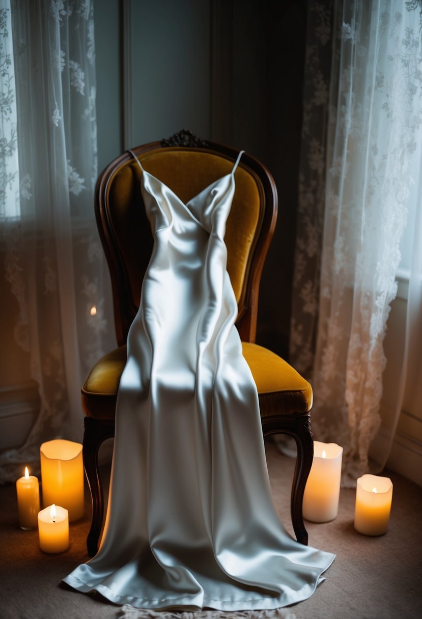 A satin slip dress draped over a velvet chair in a dimly lit room, surrounded by soft candlelight and delicate lace curtains