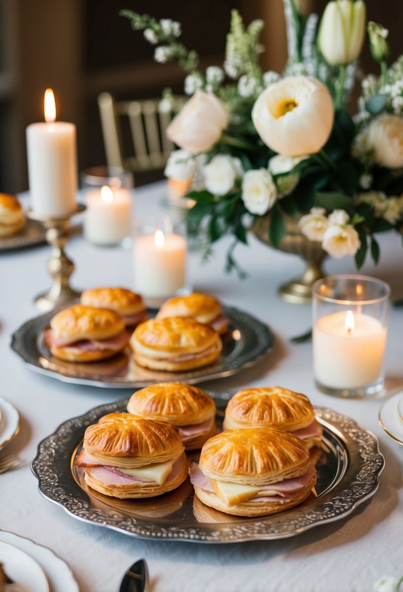 A table adorned with golden flaky pastries filled with ham and brie, surrounded by elegant floral centerpieces and soft candlelight