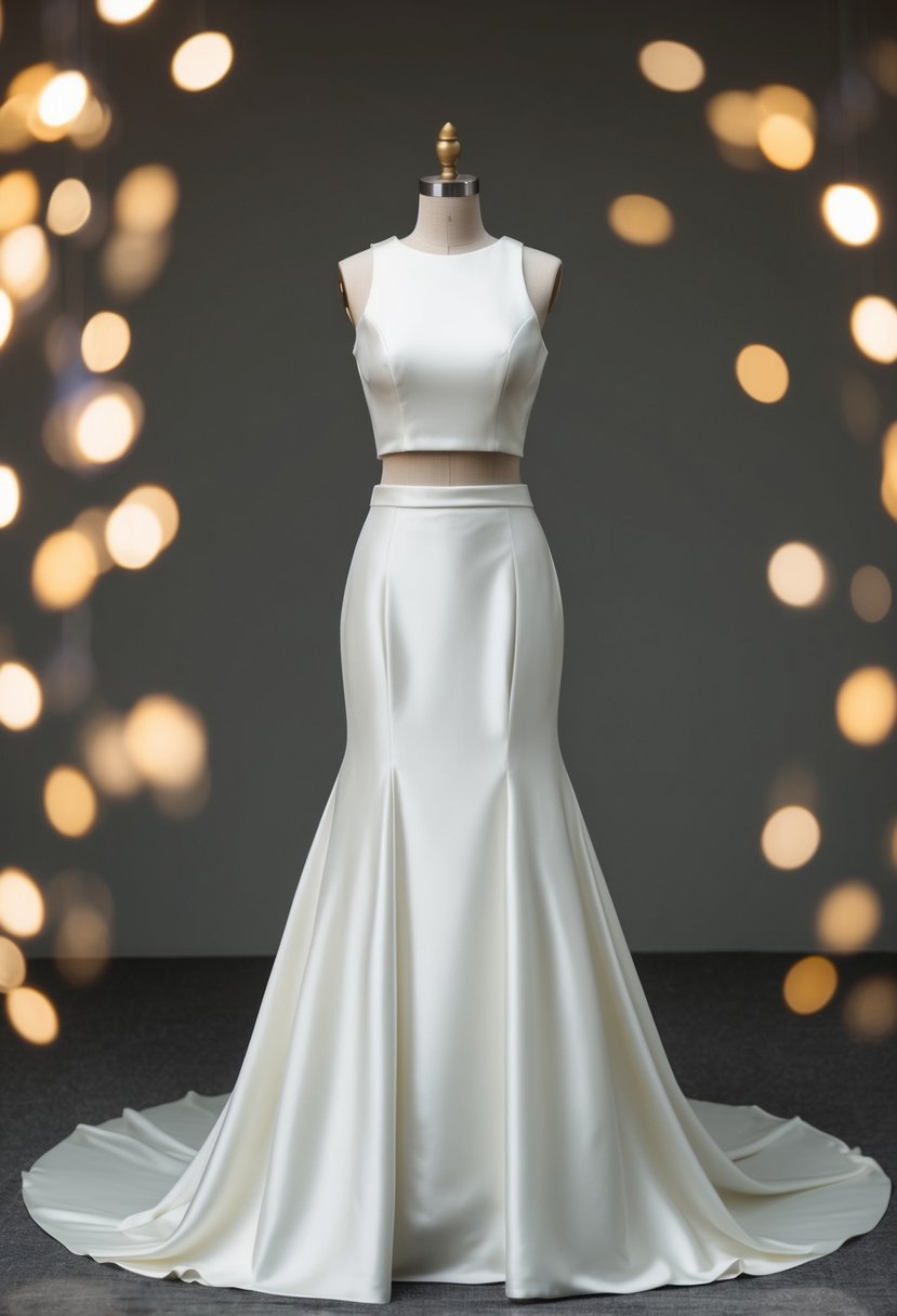 A nontraditional two-piece wedding dress with a sleek, modern silhouette, featuring a fitted crop top and a flowing, floor-length skirt in a luxurious fabric