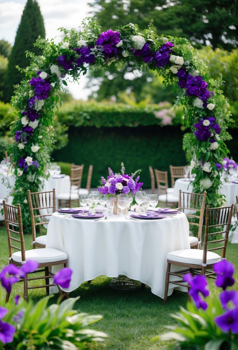 A lush garden wedding with purple flowers and greenery, a floral arch, and elegant table settings