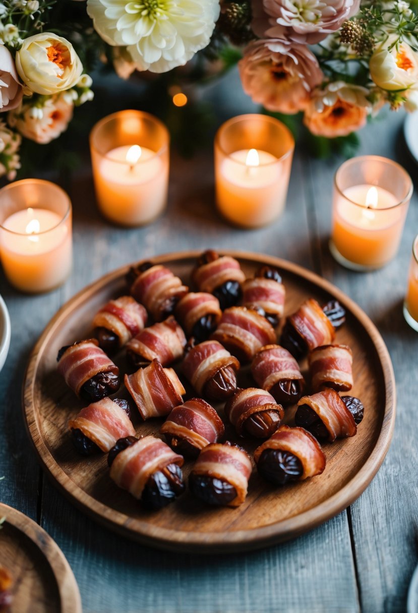 Bacon-wrapped dates arranged on a rustic wooden platter, surrounded by flickering candlelight and delicate floral centerpieces