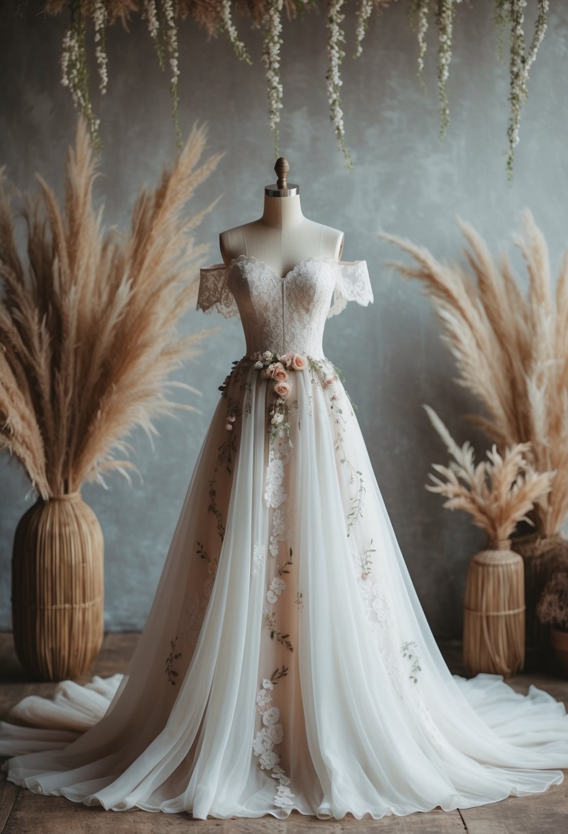 A flowing, off-the-shoulder gown adorned with delicate lace and floral appliques, set against a backdrop of vintage-inspired bohemian decor