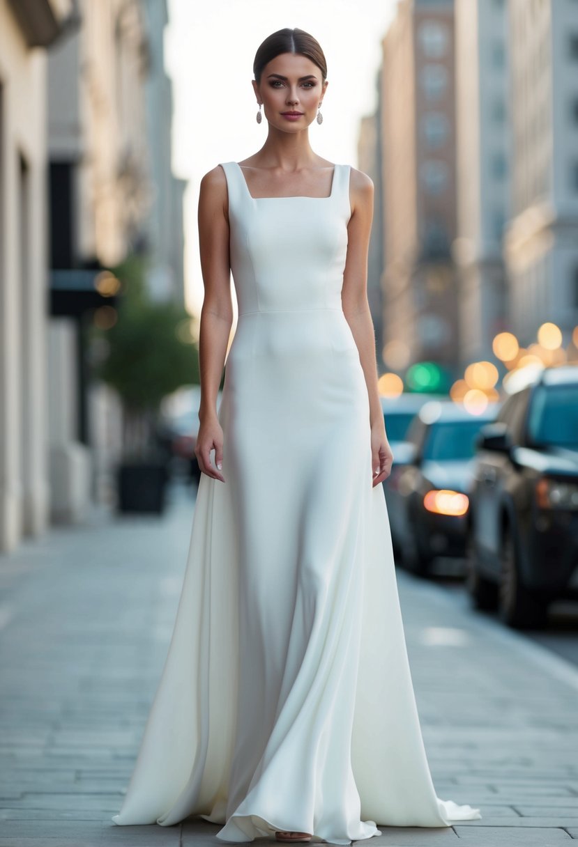 A simple, sleeveless dress with a square neckline, flowing gracefully to the floor, exuding elegance and sophistication